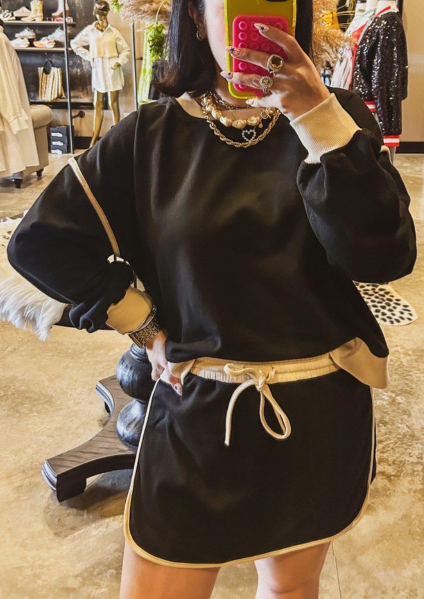 Contrast Loose Fit Sweater And Tie Waist Skirt Set (Buy 2 Free Shipping)