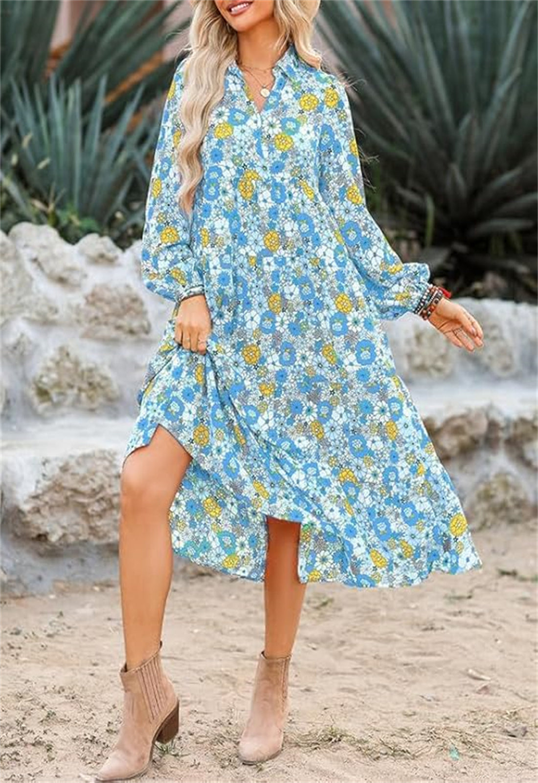 Women's V Neck Pleated Floral Print Dress With Pockets（Buy 2 Free Shipping）