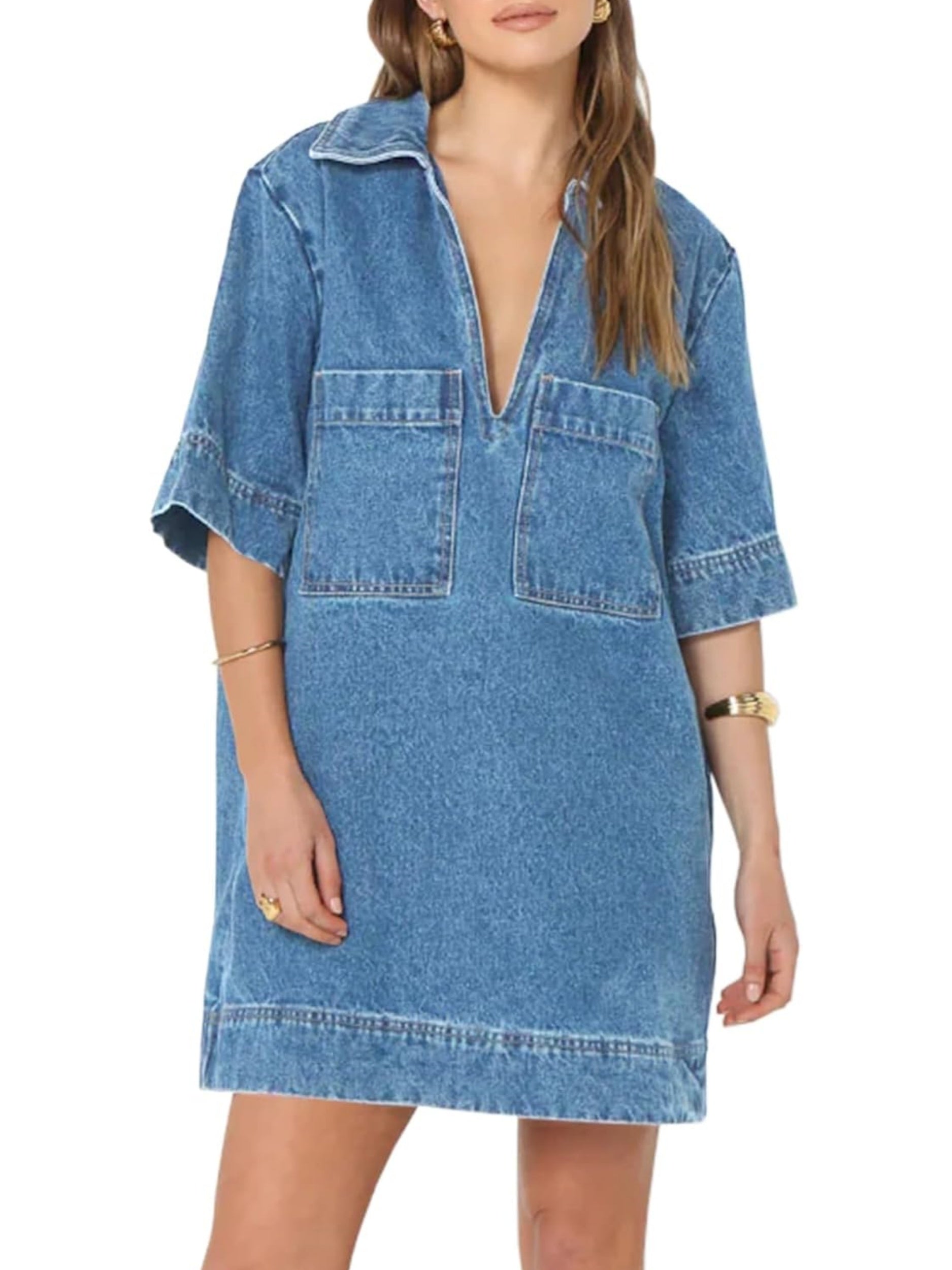 Collared V Neck Denim Shirt Dress (Buy 2 Free Shipping)