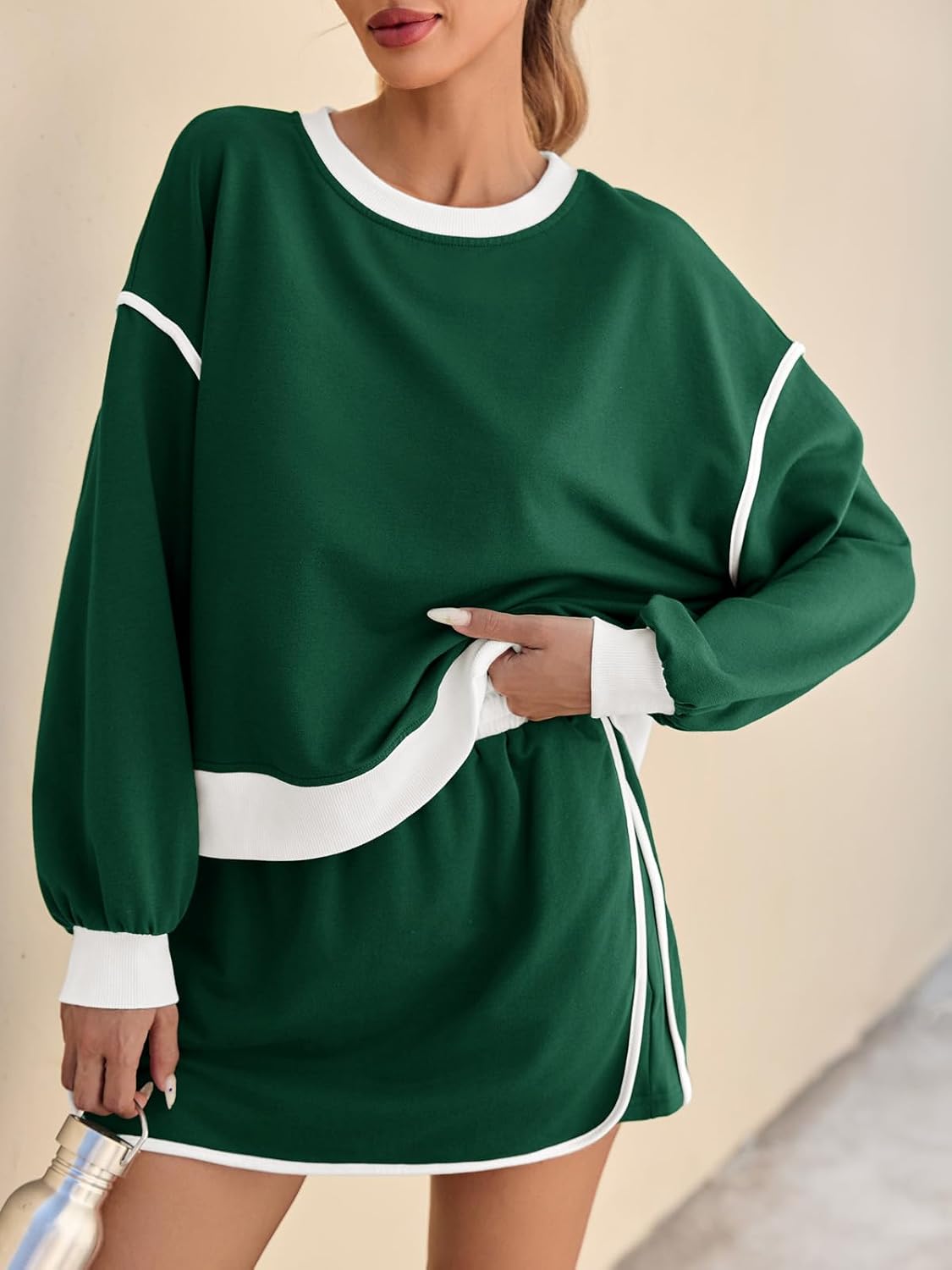 Contrast Loose Fit Sweater And Tie Waist Skirt Set (Buy 2 Free Shipping)