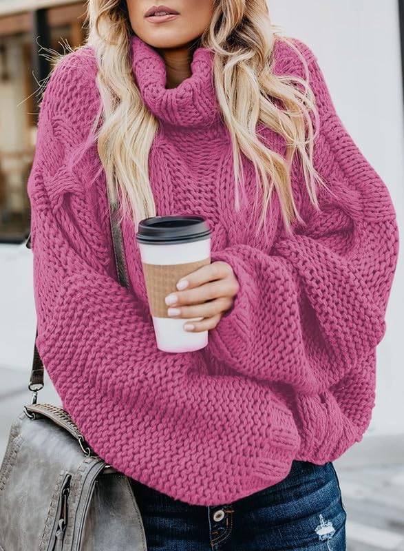 Womens 2024 Winter Fall Solid Turtleneck High Neck Balloon Long Sleeve Sweaters Pullover Outerwear