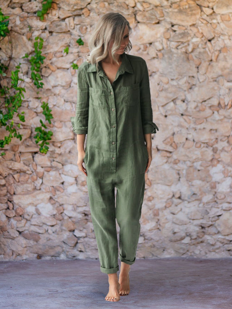 Button Up Casual Linen Jumpsuit