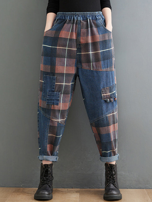Original Artistic Retro Plaid Jean Pants