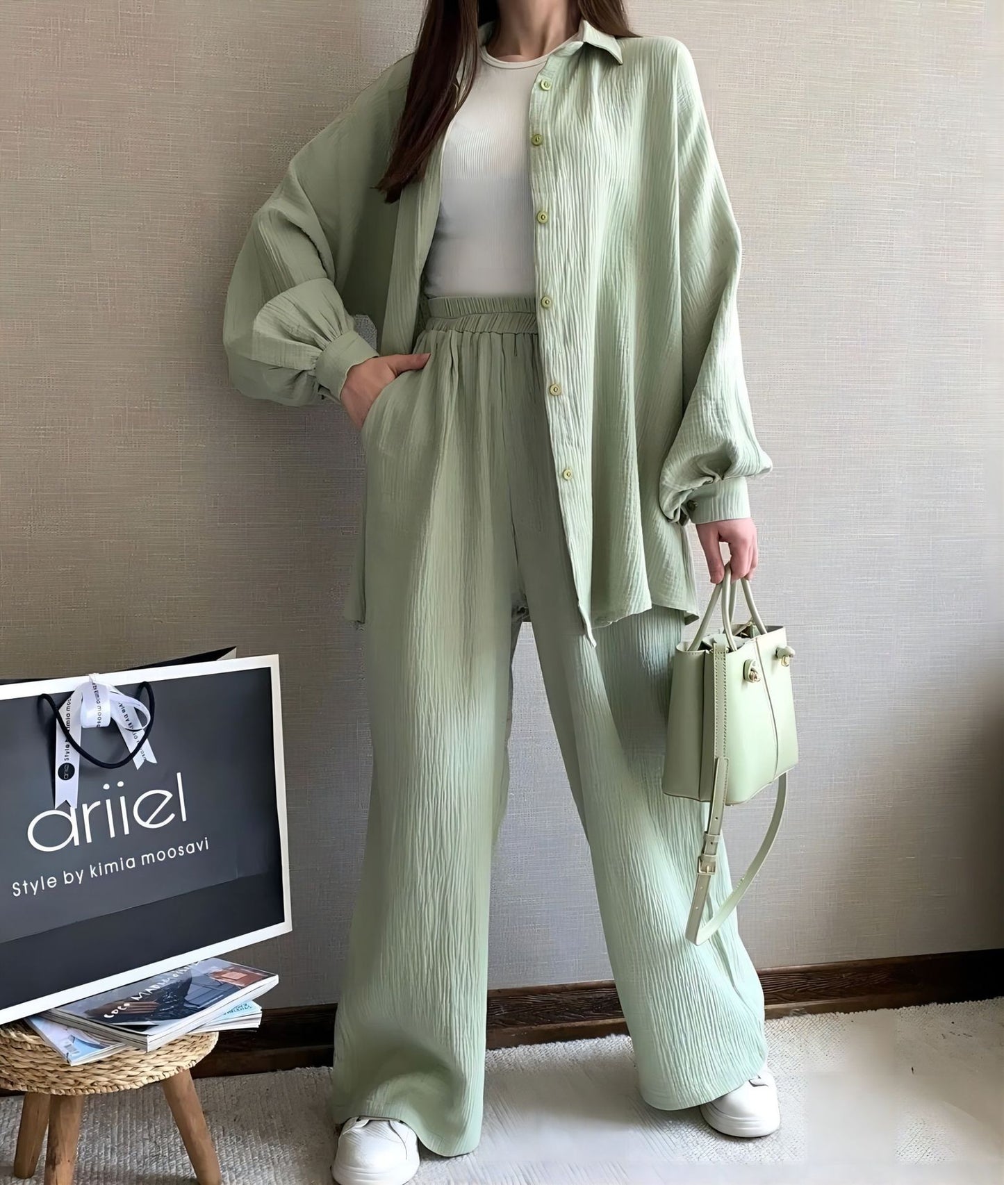 Long-sleeved Lapel Shirt Elastic Waist Trousers Two-piece Suit