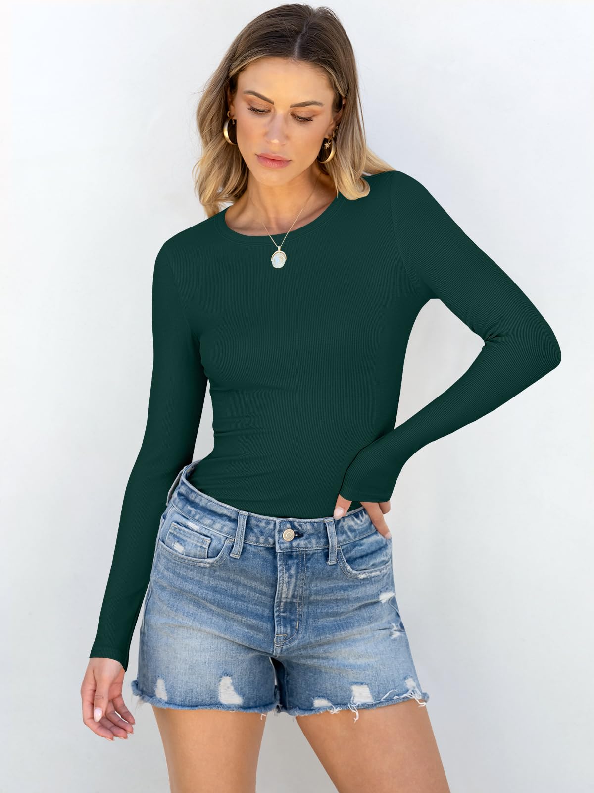 Women Long Sleeve Crewneck Rib Knit Slim Fit Shirts Basic Tee Tops