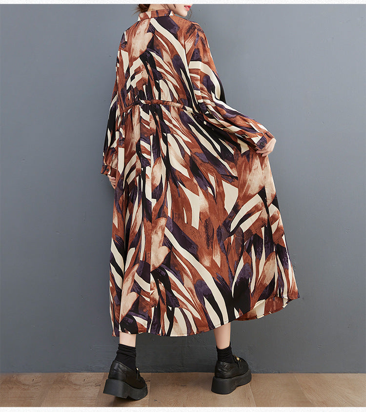 Casual Print Stand Collar Long Sleeve Midi Dress