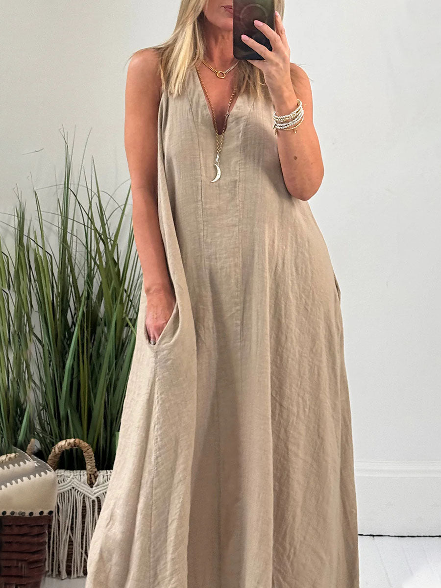 V-neck cotton and linen sleeveless dress