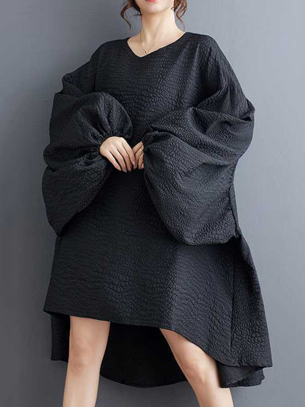 High-Low Long Sleeves Elasticity Solid Color Split-Joint Round-Neck Midi Dresses