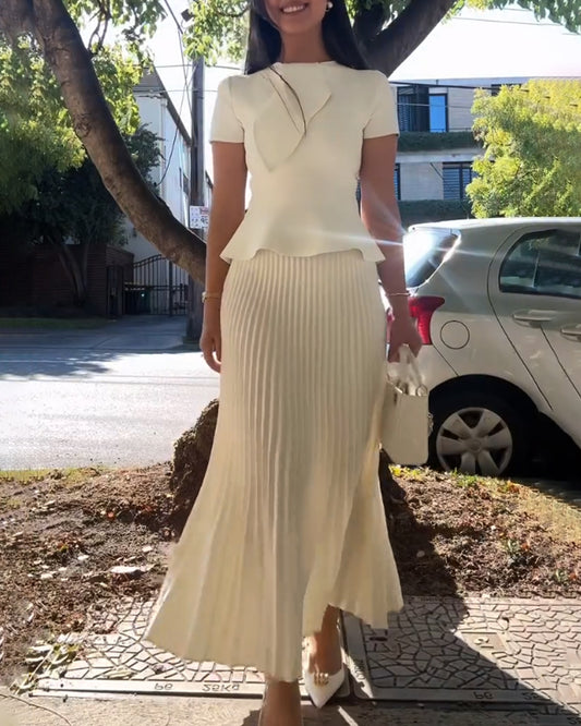 Elegant Lace-Up Top & Pleated Skirt Two-Piece Set