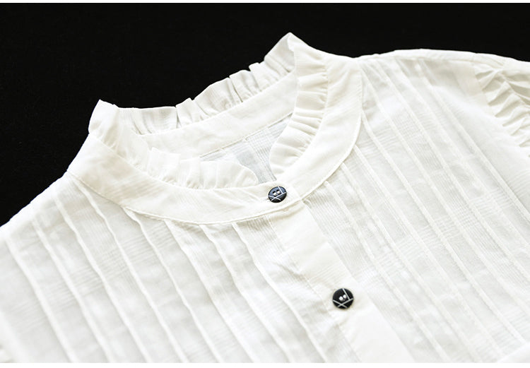 Literary Splicing Bubble Sleeve Cotton Shirt