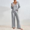 Ribbed Lounge Sets for Women 2 Piece Solid Color Ribbed Knit V Neck Long Sleeve Shirts and Wide Leg Long Pants Casual Travel Pajamas Lounge Set Loungewear Summer Outfits