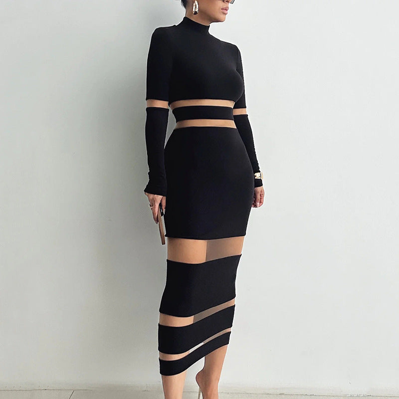 Round-neck long-sleeved dress women's stitching see-through sexy dresses autumn