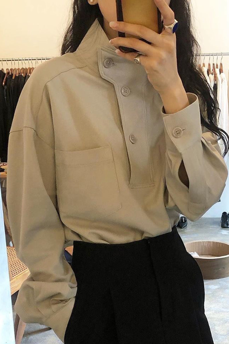 Niche Design Solid Color Stand Collar Long Sleeve Shirt