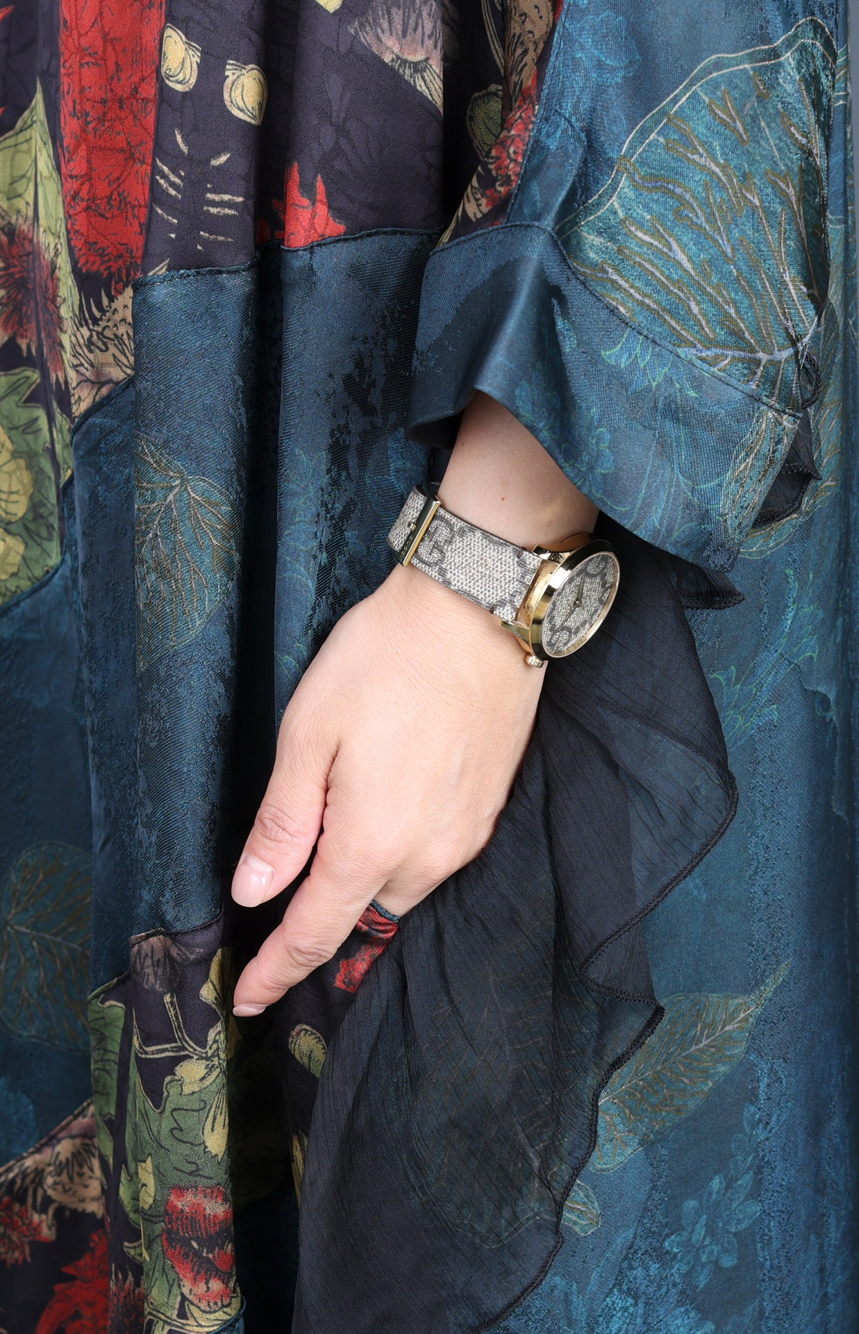 Vintage Jacquard Splicing Bat Sleeve V-Neck Maxi Dress