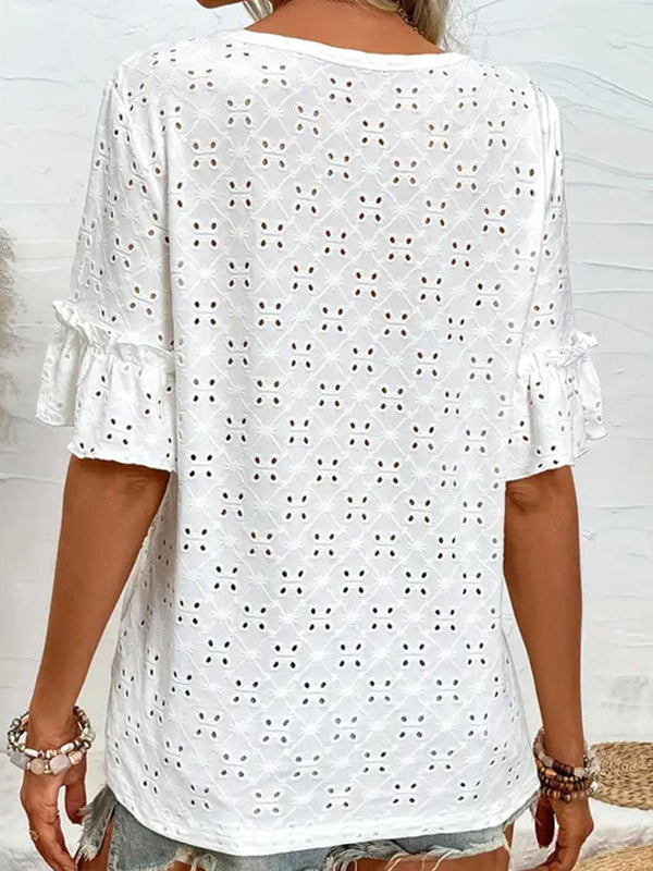 Half Sleeves Loose Hollow Pleated Ruffled Solid Color V-Neck T-Shirts