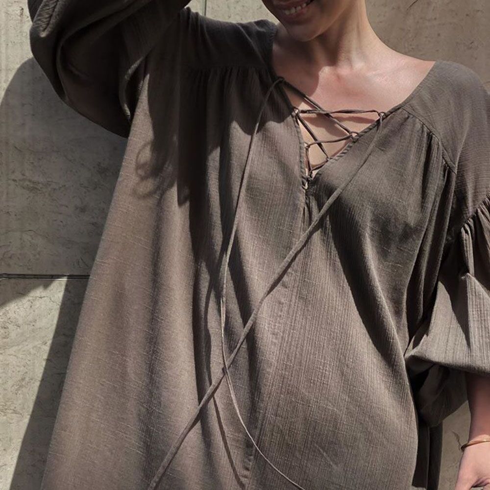 Loose Lace-up Bubble Sleeve Maxi Dress