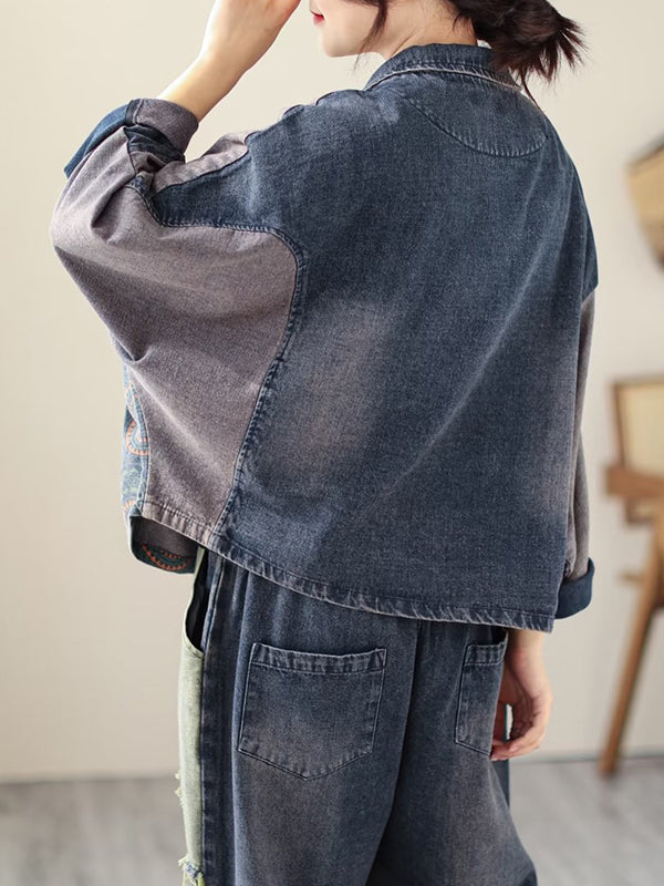 Contrast Color Fringed Split-Joint Long Sleeves Printed Outwear + Harem Pants  Two Pieces Set