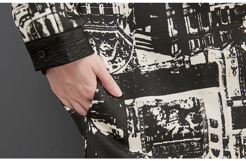 Vintage Print Lapel Long Sleeve Coat