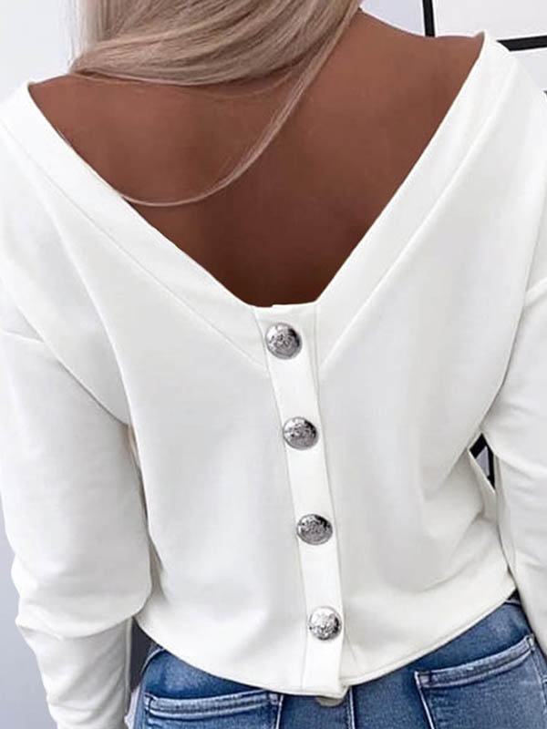 Long Sleeves Loose Buttoned Solid Color Round-Neck T-Shirts Tops