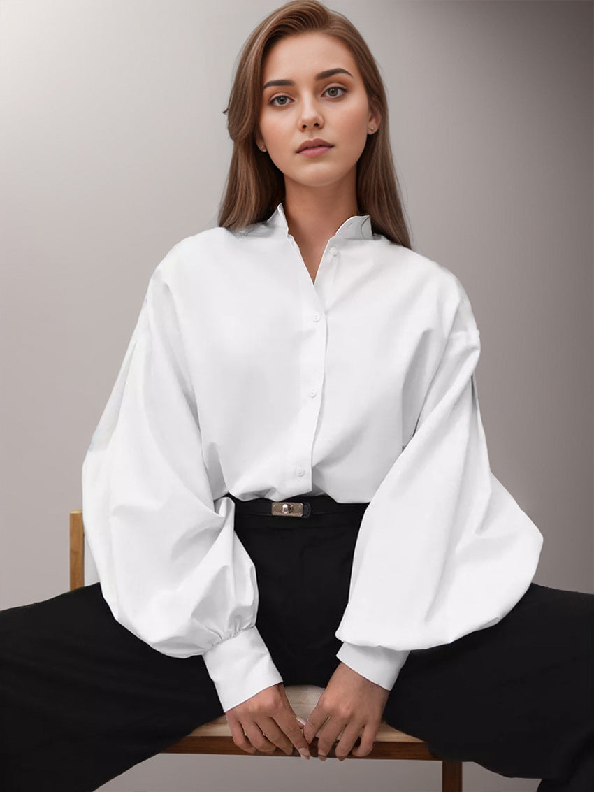 Minimalist Solid Color Lantern Sleeve Lapel Shirt