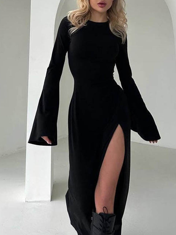 Long Sleeves Loose Asymmetric Solid Color Split-Joint Split-Side Round-Neck Maxi Dresses