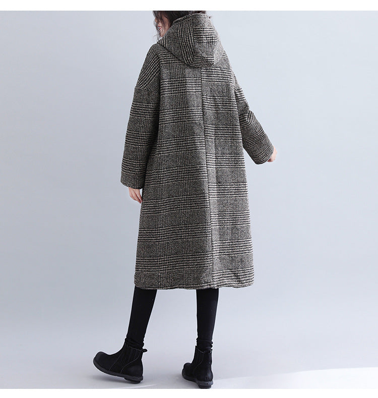 Classic Houndstooth Hooded Long Sleeve Coat