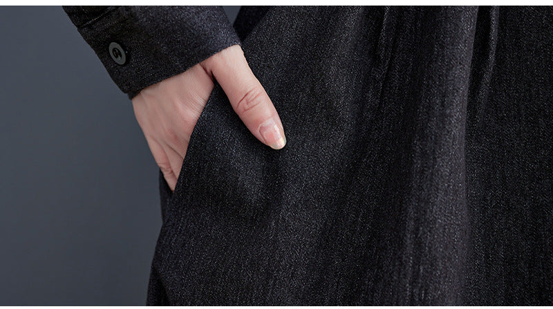 Loose Pleated Stand Collar Denim Midi Dress