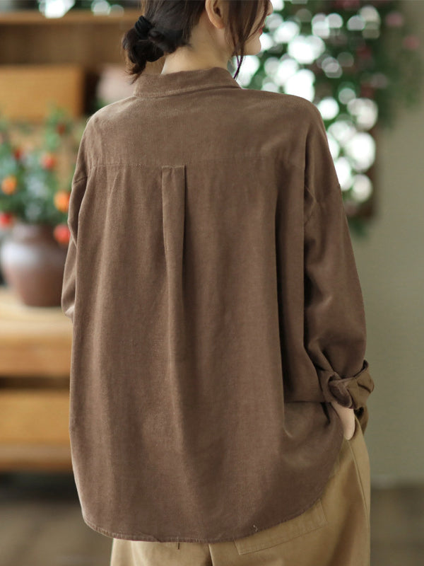 Simple Solid Color Long Sleeve Corduroy Shirt
