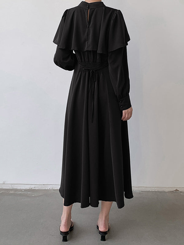 A-Line Long Sleeves Ruffle Trim Solid Color Tied Waist Mock Neck Midi Dresses