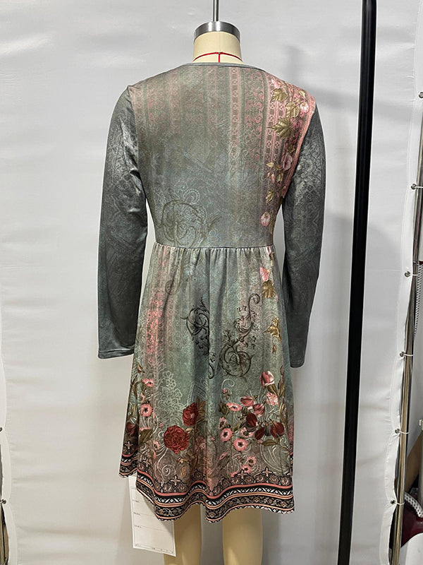 A-line Long Sleeves Flower Print Pleated Split-Joint Round-neck Mini Dresses