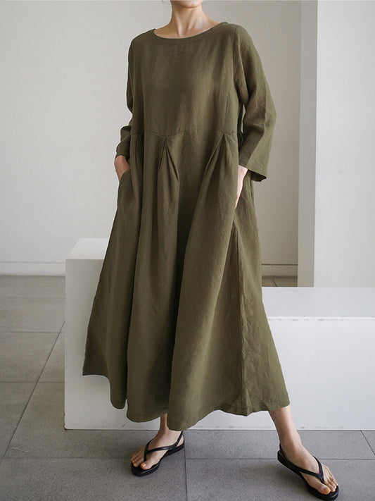 Simple Cotton Linen Style Long Sleeve Maxi Dress