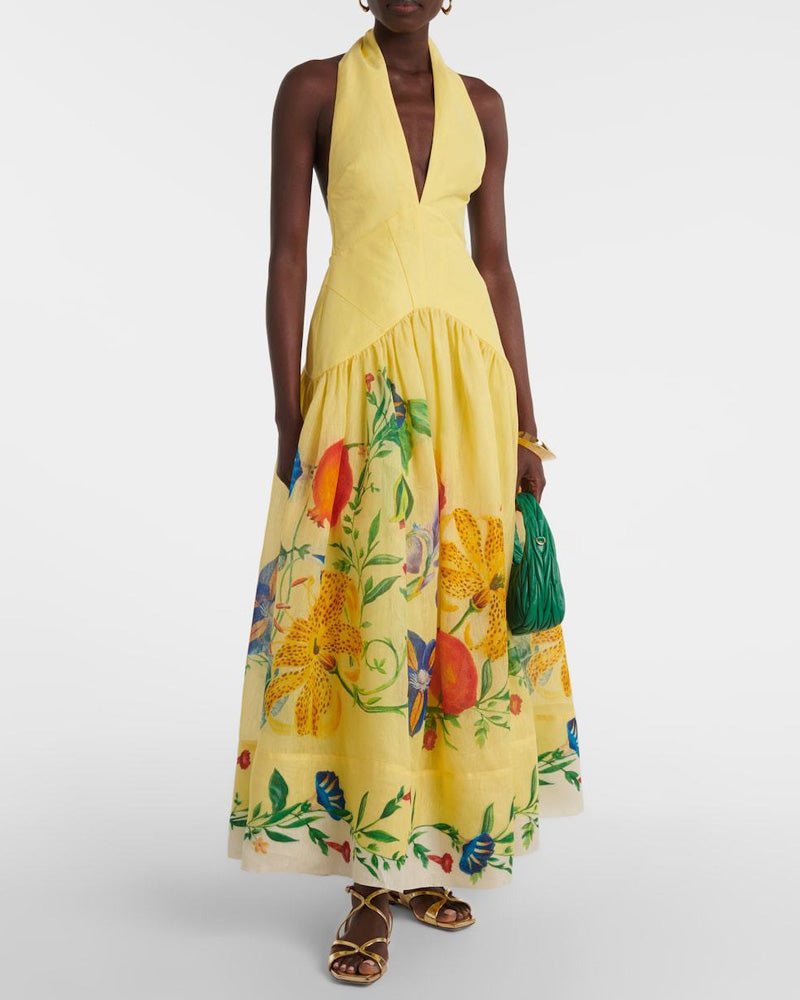 Neck Halter V-Neck Printed Dress