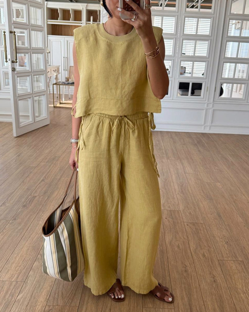 Casual Round Neck Lace-Up Sleeveless Top & Pants Two-Piece Set