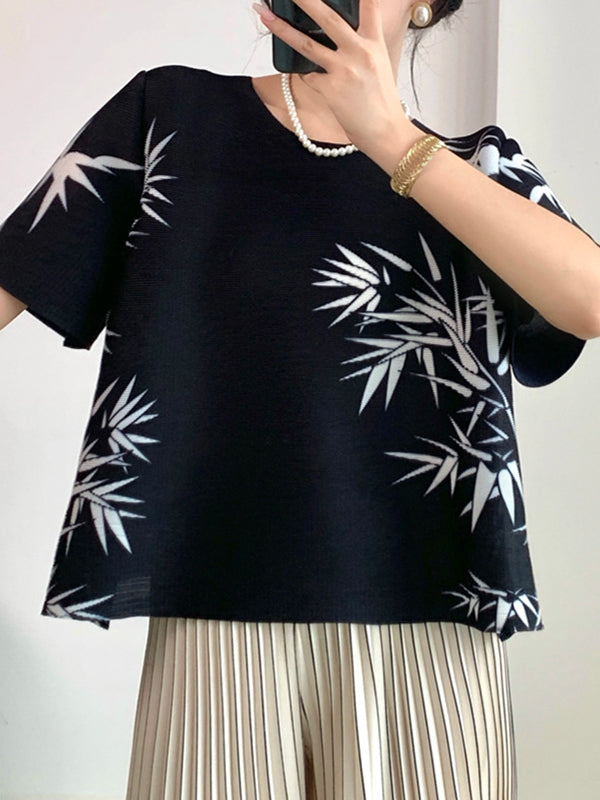 A-Line Half Sleeves Pleated Printed Round-Neck T-Shirts Tops