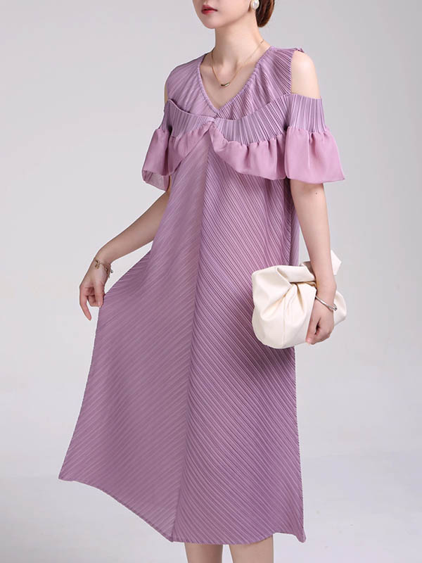 A-Line Loose Pleated Solid Color Split-Joint Cold Shoulder Midi Dresses
