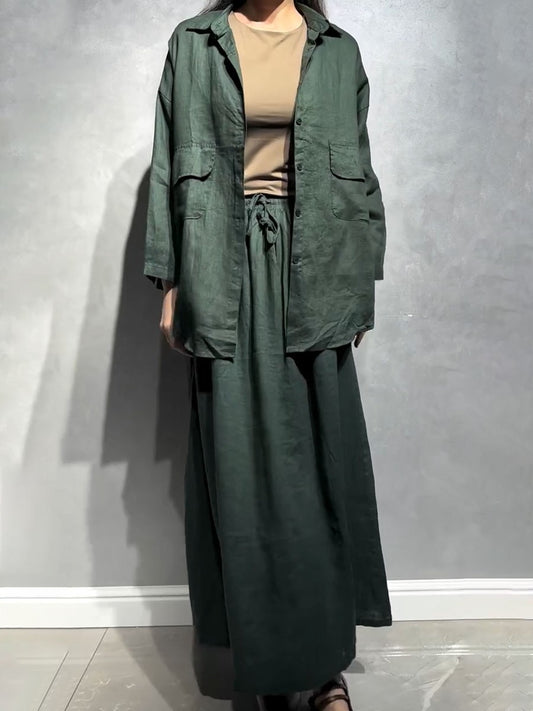 Double pocket cotton and linen casual two-piece set