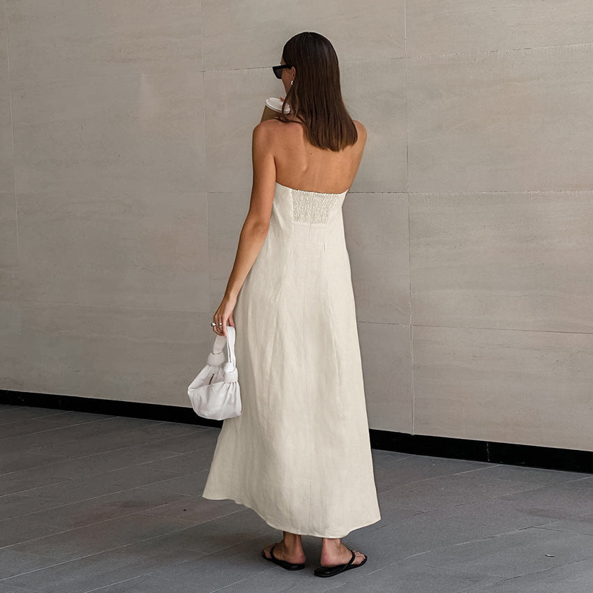 Vacation Cotton-Linen Solid Sheath Backless Maxi Dress