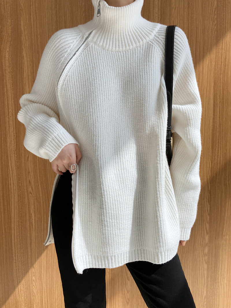 Casual Solid Color Zipper Turtleneck Knit Sweater