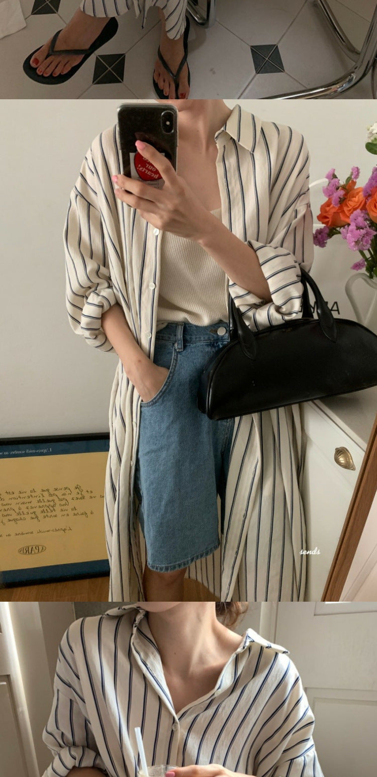 Chic Striped Mid-sleeve Maxi Dress