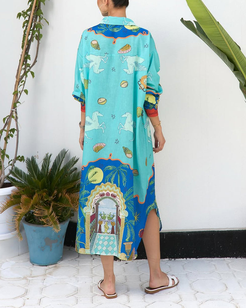 Holiday Loose Long Sleeve Printed Shirt Dress