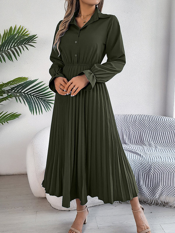 A-Line Flared Sleeves Buttoned Elasticity Pleated Solid Color Lapel Maxi Dresses