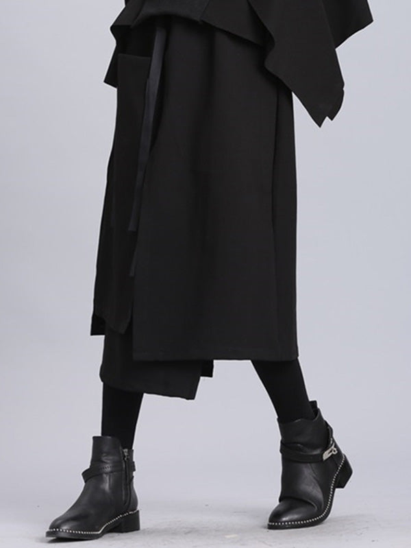 Raised Bands Split-Joint Asymmetric Black Empire Skirt