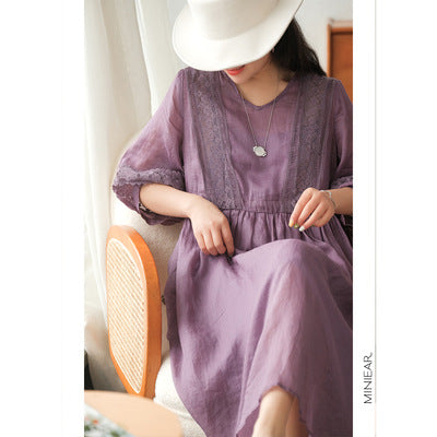 Literary Simple Seven-quarter Sleeve Lace-up Maxi Dress