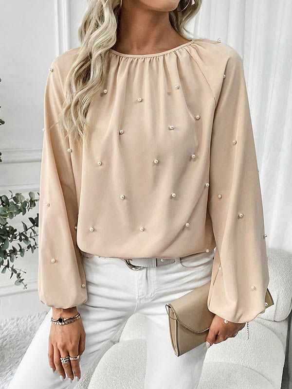 Long Sleeves Loose Beaded Elasticity Pleated Solid Color Round-Neck Blouses&Shirts Tops