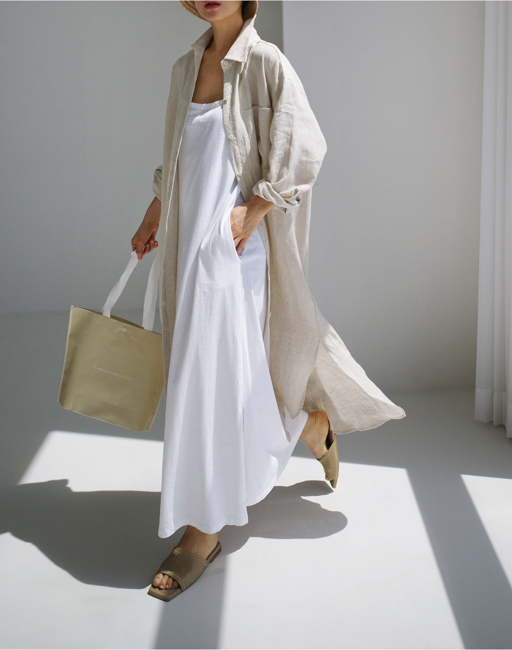 Simple Cotton Linen Long Sleeve Midi Dress