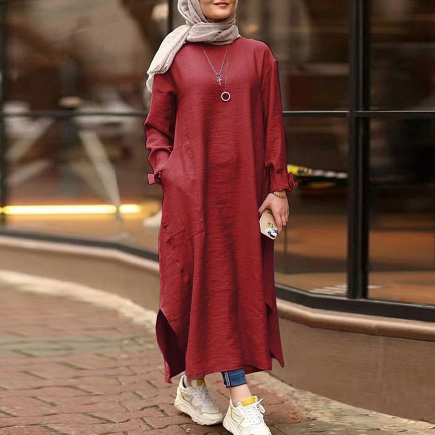 Simple Solid Color Long Sleeve Round Neck Midi Dress