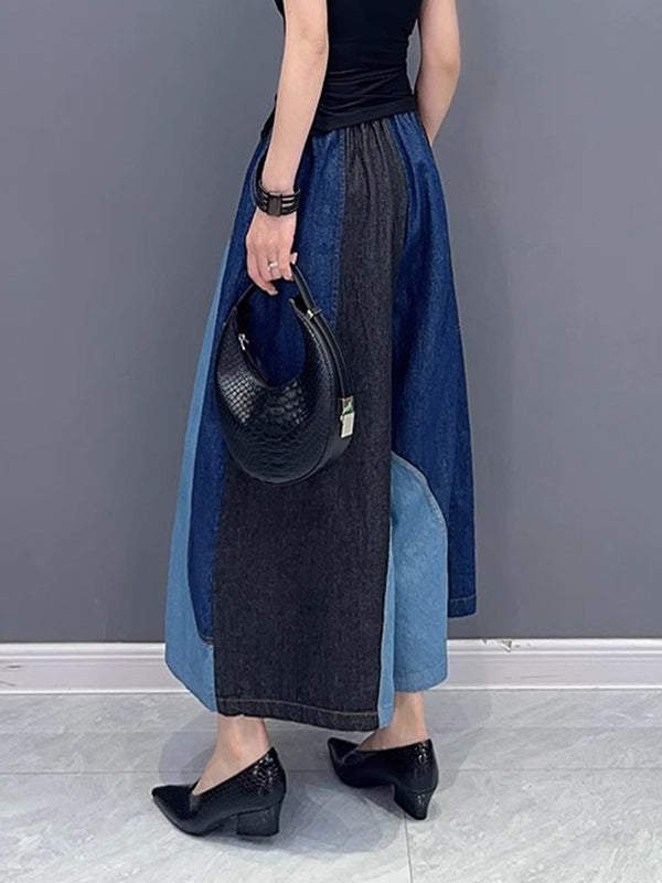 Loose Wide Leg Contrast Color Elasticity Split-Joint Jean Pants Bottoms