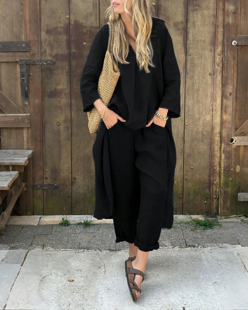 Solid Color Irregular Length Top & Pants Two-Piece Set