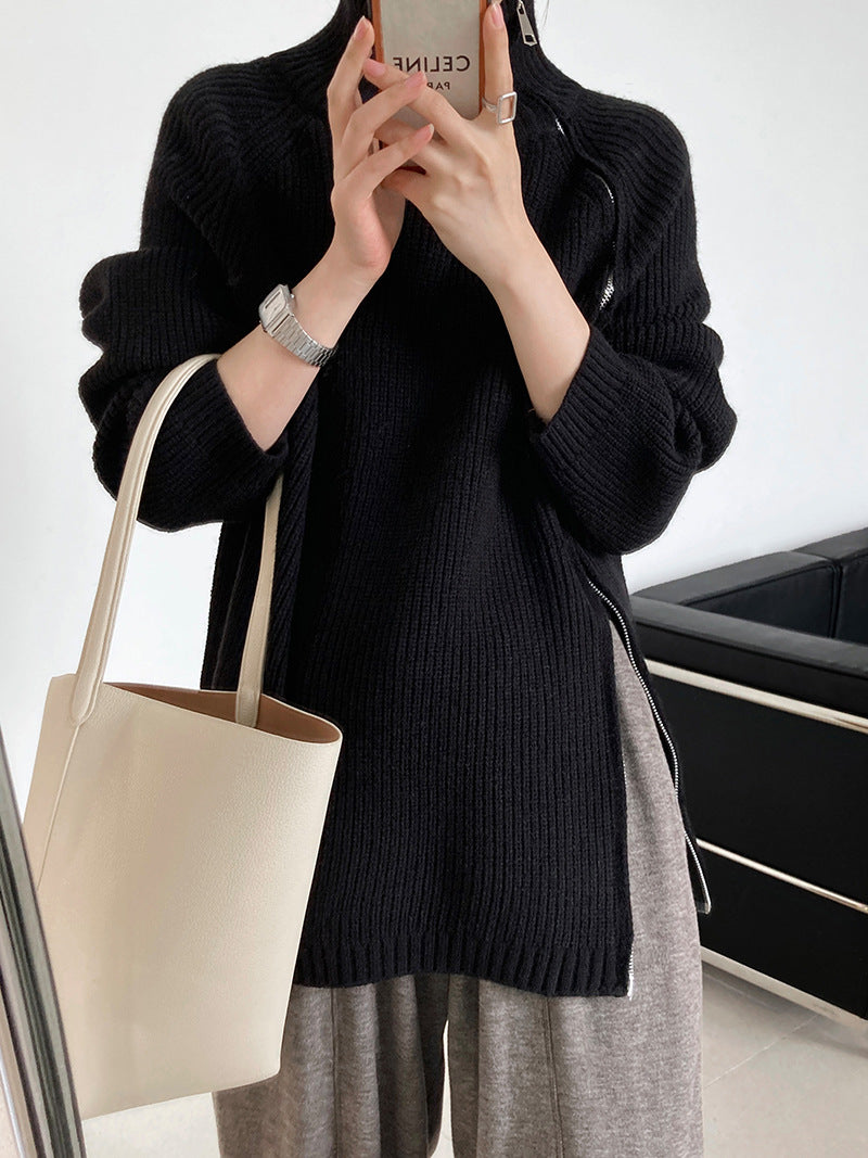 Casual Solid Color Zipper Turtleneck Knit Sweater