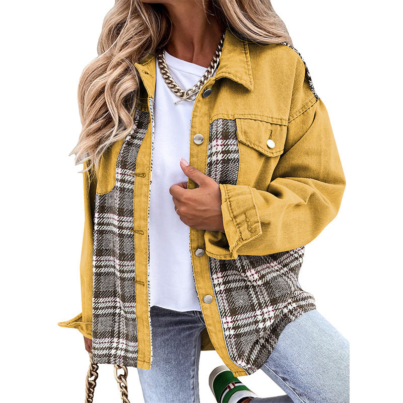 Autumn and winter Denim jacket long sleeve plaid button shirt jacket top